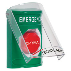 SS2128EM-ES STI Green Indoor Only Flush or Surface Pneumatic (Illuminated) Stopper Station with EMERGENCY Label Spanish