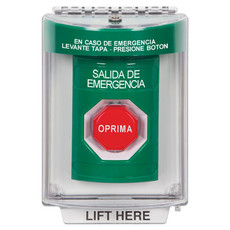 SS2135EX-ES STI Green Indoor/Outdoor Flush Momentary (Illuminated) Stopper Station with EMERGENCY EXIT Label Spanish