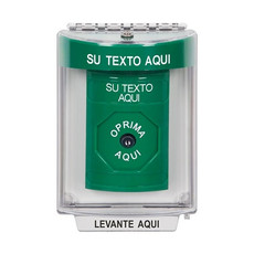 SS2140ZA-ES STI Green Indoor/Outdoor Flush w/ Horn Key-to-Reset Stopper Station with Non-Returnable Custom Text Label Spanish