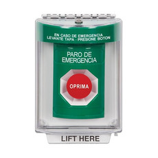 SS2144ES-ES STI Green Indoor/Outdoor Flush w/ Horn Momentary Stopper Station with EMERGENCY STOP Label Spanish