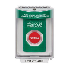 SS2144HV-ES STI Green Indoor/Outdoor Flush w/ Horn Momentary Stopper Station with HVAC SHUT DOWN Label Spanish