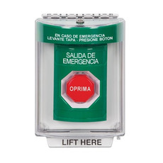 SS2145EX-ES STI Green Indoor/Outdoor Flush w/ Horn Momentary (Illuminated) Stopper Station with EMERGENCY EXIT Label Spanish