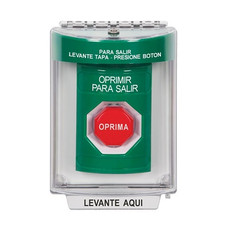 SS2145PX-ES STI Green Indoor/Outdoor Flush w/ Horn Momentary (Illuminated) Stopper Station with PUSH TO EXIT Label Spanish