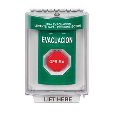 SS2148EV-ES STI Green Indoor/Outdoor Flush w/ Horn Pneumatic (Illuminated) Stopper Station with EVACUATION Label Spanish