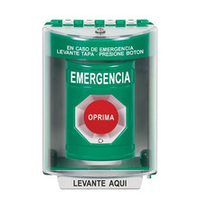 SS2171EM-ES STI Green Indoor/Outdoor Surface Turn-to-Reset Stopper Station with EMERGENCY Label Spanish