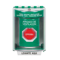 SS2172HV-ES STI Green Indoor/Outdoor Surface Key-to-Reset (Illuminated) Stopper Station with HVAC SHUT DOWN Label Spanish