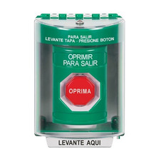 SS2172PX-ES STI Green Indoor/Outdoor Surface Key-to-Reset (Illuminated) Stopper Station with PUSH TO EXIT Label Spanish