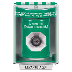 SS2183PS-ES STI Green Indoor/Outdoor Surface w/ Horn Key-to-Activate Stopper Station with FUEL PUMP SHUT DOWN Label Spanish