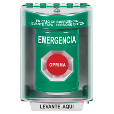 SS2184EM-ES STI Green Indoor/Outdoor Surface w/ Horn Momentary Stopper Station with EMERGENCY Label Spanish