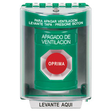 SS2184HV-ES STI Green Indoor/Outdoor Surface w/ Horn Momentary Stopper Station with HVAC SHUT DOWN Label Spanish