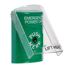 SS21A0PO-ES STI Green Indoor Only Flush or Surface w/ Horn Key-to-Reset Stopper Station with EMERGENCY POWER OFF Label Spanish