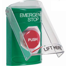 SS21A1ES-ES STI Green Indoor Only Flush or Surface w/ Horn Turn-to-Reset Stopper Station with EMERGENCY STOP Label Spanish
