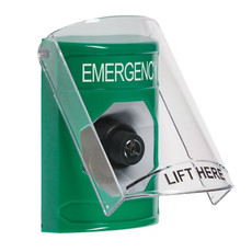 SS21A3EM-ES STI Green Indoor Only Flush or Surface w/ Horn Key-to-Activate Stopper Station with EMERGENCY Label Spanish