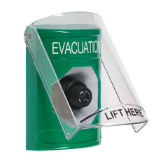 SS21A3EV-ES STI Green Indoor Only Flush or Surface w/ Horn Key-to-Activate Stopper Station with EVACUATION Label Spanish