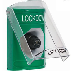 SS21A3LD-ES STI Green Indoor Only Flush or Surface w/ Horn Key-to-Activate Stopper Station with LOCKDOWN Label Spanish