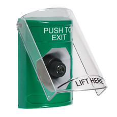SS21A3PX-ES STI Green Indoor Only Flush or Surface w/ Horn Key-to-Activate Stopper Station with PUSH TO EXIT Label Spanish