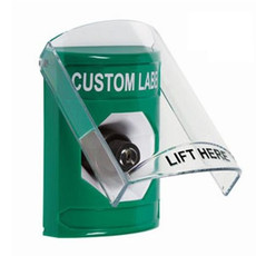 SS21A3ZA-ES STI Green Indoor Only Flush or Surface w/ Horn Key-to-Activate Stopper Station with Non-Returnable Custom Text Label Spanish