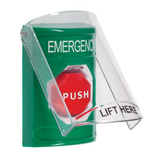 SS21A8EM-ES STI Green Indoor Only Flush or Surface w/ Horn Pneumatic (Illuminated) Stopper Station with EMERGENCY Label Spanish