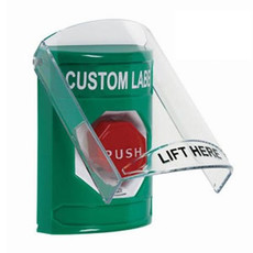 SS21A9ZA-ES STI Green Indoor Only Flush or Surface w/ Horn Turn-to-Reset (Illuminated) Stopper Station with Non-Returnable Custom Text Label Spanish