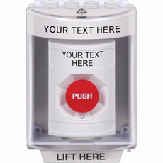 SS2371ZA-EN STI White Indoor/Outdoor Surface Turn-to-Reset Stopper Station with Non-Returnable Custom Text Label English