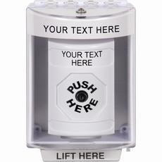 SS2380ZA-EN STI White Indoor/Outdoor Surface w/ Horn Key-to-Reset Stopper Station with Non-Returnable Custom Text Label English
