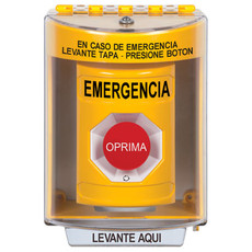 SS2271EM-ES STI Yellow Indoor/Outdoor Surface Turn-to-Reset Stopper Station with EMERGENCY Label Spanish