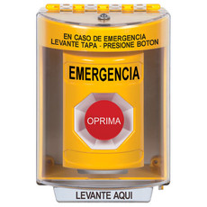 SS2274EM-ES STI Yellow Indoor/Outdoor Surface Momentary Stopper Station with EMERGENCY Label Spanish
