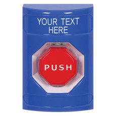 SS2405ZA-EN STI Blue No Cover Momentary (Illuminated) Stopper Station with Non-Returnable Custom Text Label English
