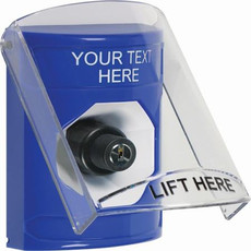 SS2423ZA-EN STI Blue Indoor Only Flush or Surface Key-to-Activate Stopper Station with Non-Returnable Custom Text Label English