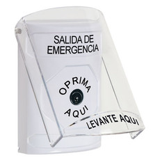 SS2320EX-ES STI White Indoor Only Flush or Surface Key-to-Reset Stopper Station with EMERGENCY EXIT Label Spanish