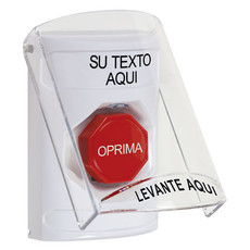 SS2328ZA-ES STI White Indoor Only Flush or Surface Pneumatic (Illuminated) Stopper Station with Non-Returnable Custom Text Label Spanish