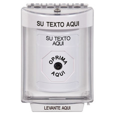 SS2330ZA-ES STI White Indoor/Outdoor Flush Key-to-Reset Stopper Station with Non-Returnable Custom Text Label Spanish