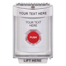 SS2331ZA-ES STI White Indoor/Outdoor Flush Turn-to-Reset Stopper Station with Non-Returnable Custom Text Label Spanish