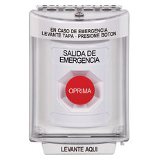 SS2334EX-ES STI White Indoor/Outdoor Flush Momentary Stopper Station with EMERGENCY EXIT Label Spanish