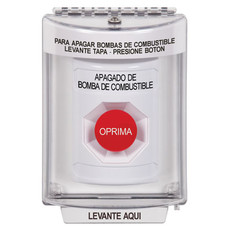 SS2334PS-ES STI White Indoor/Outdoor Flush Momentary Stopper Station with FUEL PUMP SHUT DOWN Label Spanish