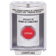 SS2379PS-ES STI White Indoor/Outdoor Surface Turn-to-Reset (Illuminated) Stopper Station with FUEL PUMP SHUT DOWN Label Spanish