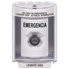 SS2383EM-ES STI White Indoor/Outdoor Surface w/ Horn Key-to-Activate Stopper Station with EMERGENCY Label Spanish