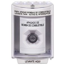 SS2383PS-ES STI White Indoor/Outdoor Surface w/ Horn Key-to-Activate Stopper Station with FUEL PUMP SHUT DOWN Label Spanish