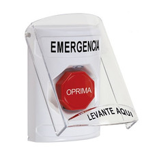 SS23A8EM-ES STI White Indoor Only Flush or Surface w/ Horn Pneumatic (Illuminated) Stopper Station with EMERGENCY Label Spanish