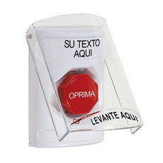 SS23A9ZA-ES STI White Indoor Only Flush or Surface w/ Horn Turn-to-Reset (Illuminated) Stopper Station with Non-Returnable Custom Text Label Spanish