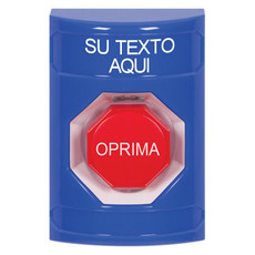 SS2408ZA-ES STI Blue No Cover Pneumatic (Illuminated) Stopper Station with Non-Returnable Custom Text Label Spanish