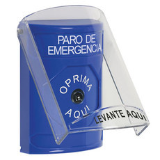 SS2420ES-ES STI Blue Indoor Only Flush or Surface Key-to-Reset Stopper Station with EMERGENCY STOP Label Spanish
