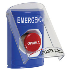 SS2424EM-ES STI Blue Indoor Only Flush or Surface Momentary Stopper Station with EMERGENCY Label Spanish
