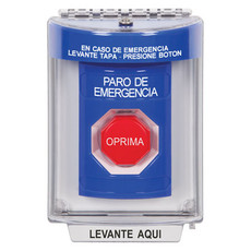 SS2432ES-ES STI Blue Indoor/Outdoor Flush Key-to-Reset (Illuminated) Stopper Station with EMERGENCY STOP Label Spanish