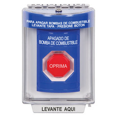 SS2432PS-ES STI Blue Indoor/Outdoor Flush Key-to-Reset (Illuminated) Stopper Station with FUEL PUMP SHUT DOWN Label Spanish