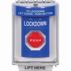 SS2435LD-ES STI Blue Indoor/Outdoor Flush Momentary (Illuminated) Stopper Station with LOCKDOWN Label Spanish