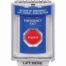SS2439EX-ES STI Blue Indoor/Outdoor Flush Turn-to-Reset (Illuminated) Stopper Station with EMERGENCY EXIT Label Spanish