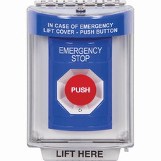 SS2441ES-ES STI Blue Indoor/Outdoor Flush w/ Horn Turn-to-Reset Stopper Station with EMERGENCY STOP Label Spanish