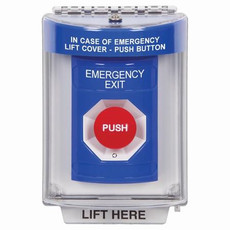 SS2441EX-ES STI Blue Indoor/Outdoor Flush w/ Horn Turn-to-Reset Stopper Station with EMERGENCY EXIT Label Spanish