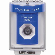 SS2443ZA-ES STI Blue Indoor/Outdoor Flush w/ Horn Key-to-Activate Stopper Station with Non-Returnable Custom Text Label Spanish